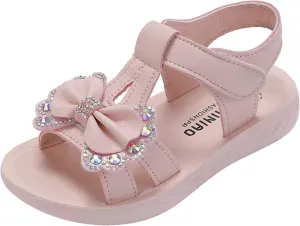 Girls Rhinestones Bow Flat Sandals Open Toe Soft Sole T Strap Cute Dress Up Shoes for 4 to 12 Yearss Kids Sandals