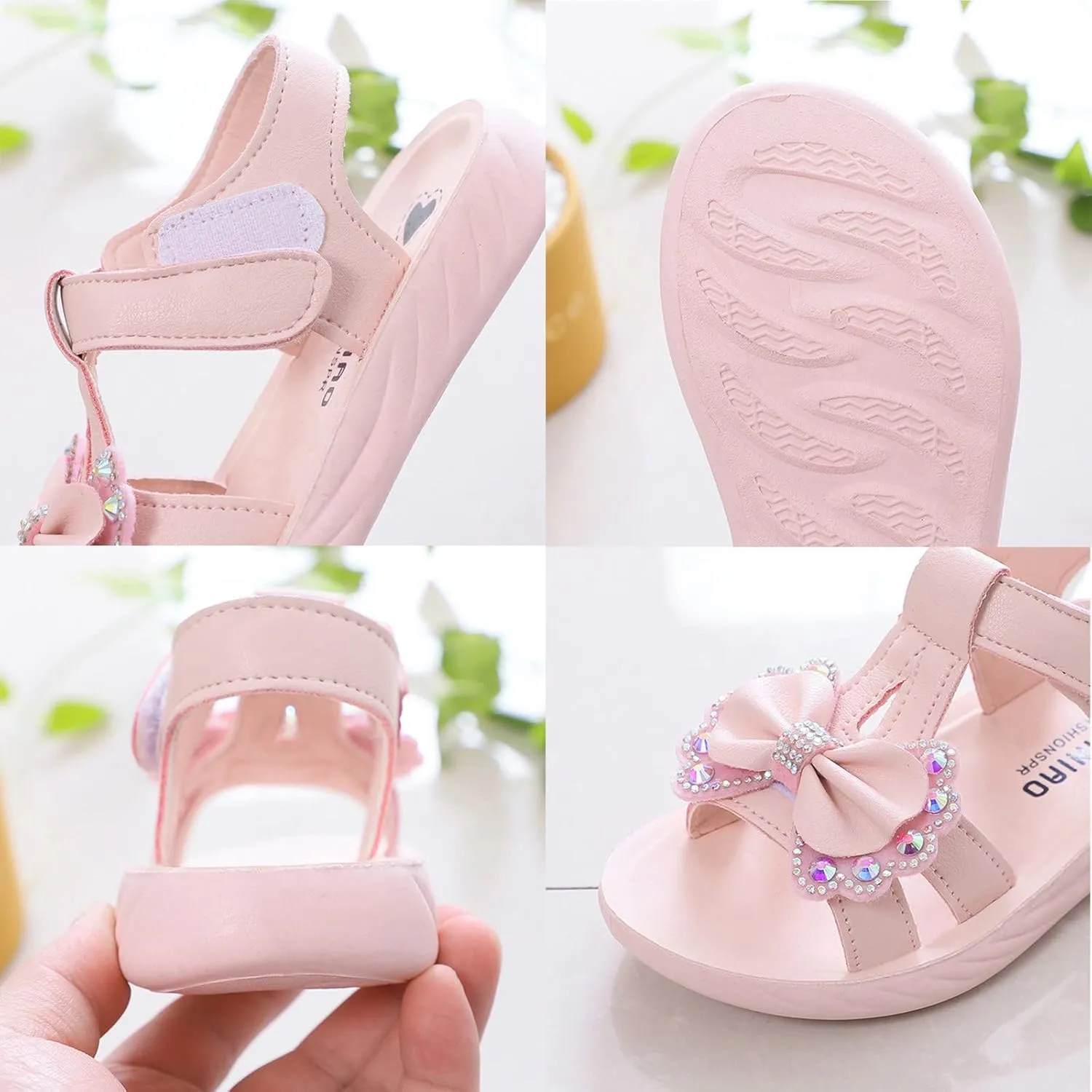 Girls Rhinestones Bow Flat Sandals Open Toe Soft Sole T Strap Cute Dress Up Shoes for 4 to 12 Yearss Kids Sandals