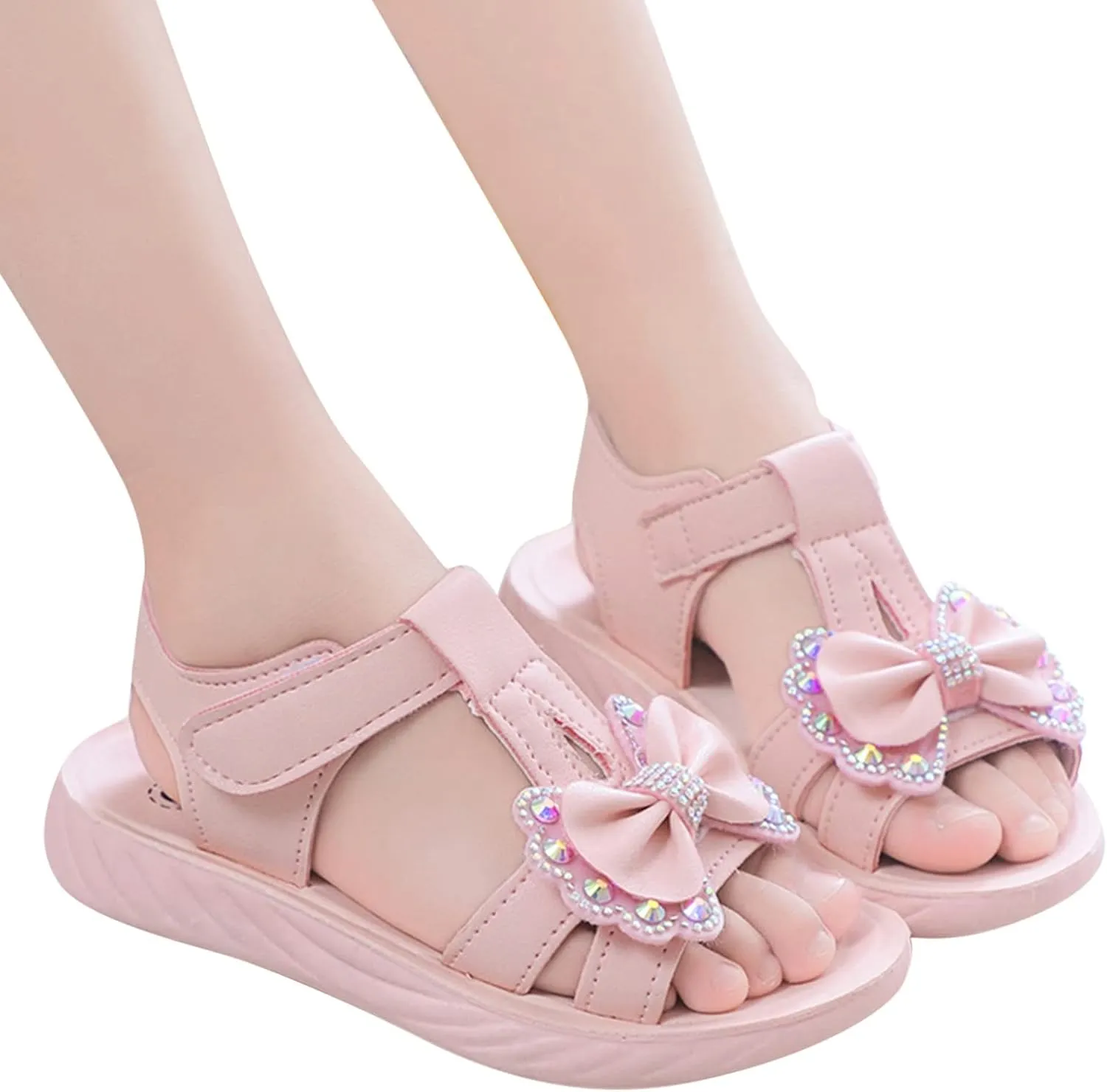 Girls Rhinestones Bow Flat Sandals Open Toe Soft Sole T Strap Cute Dress Up Shoes for 4 to 12 Yearss Kids Sandals