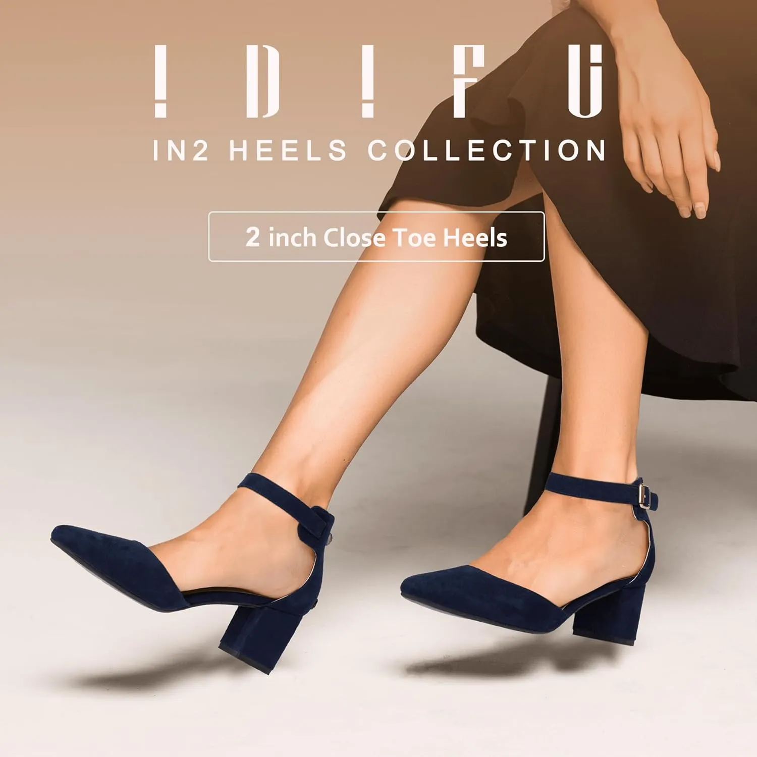 IDIFU Women's IN2 Pedazo Dress Shoes Low Block Heels Comfortable Chunky Closed Toe Ankle Strap Wedding Pumps