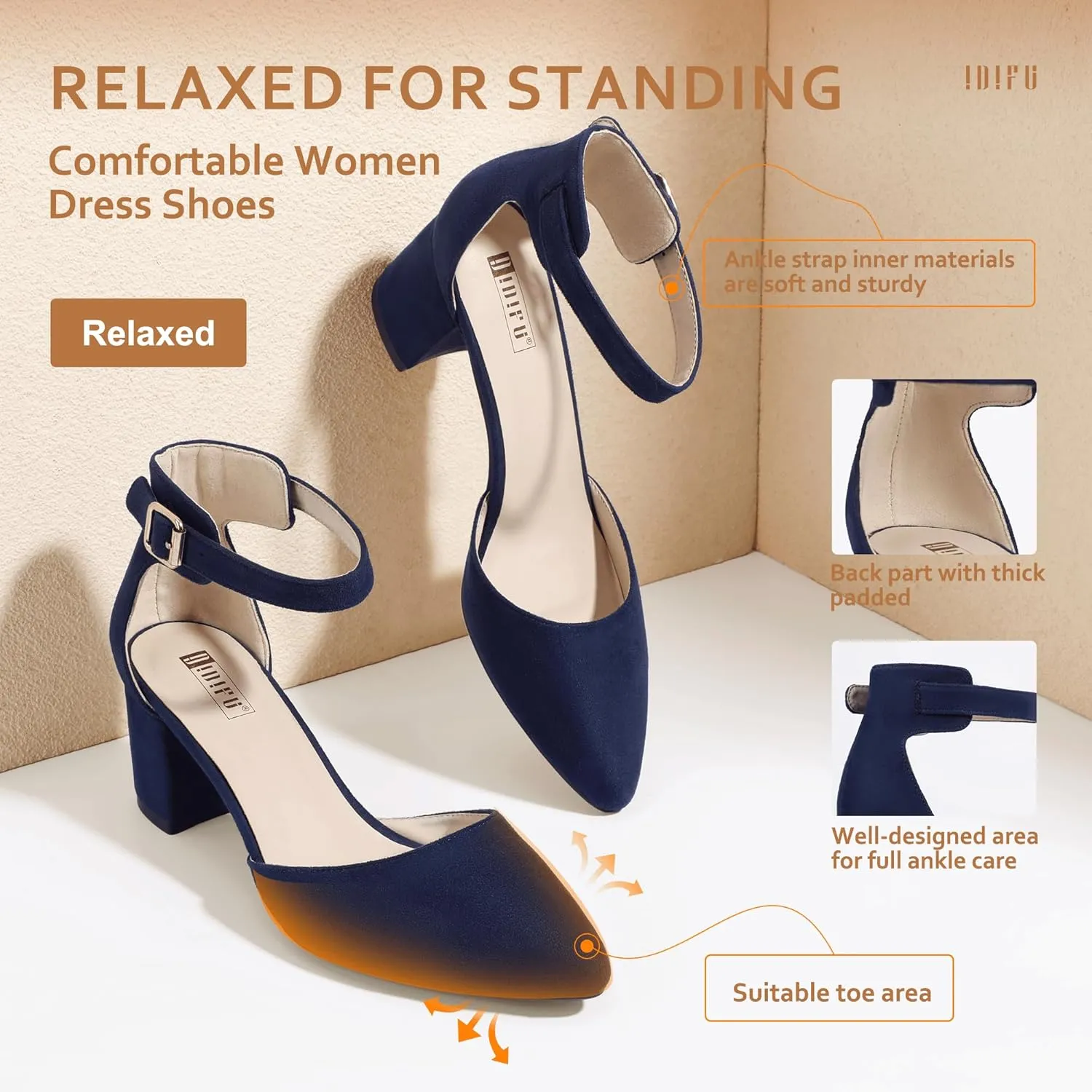 IDIFU Women's IN2 Pedazo Dress Shoes Low Block Heels Comfortable Chunky Closed Toe Ankle Strap Wedding Pumps