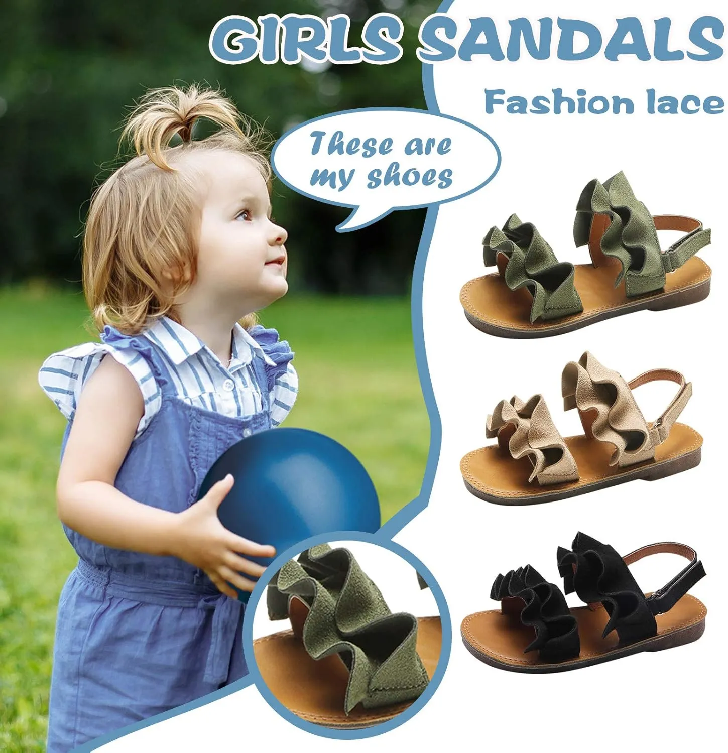 Kids Girls Ruffle Sandals Anti-Slip Open Toe Breathable Outdoor Beach Plat Shoes Slip On Slippers Girls Sandals
