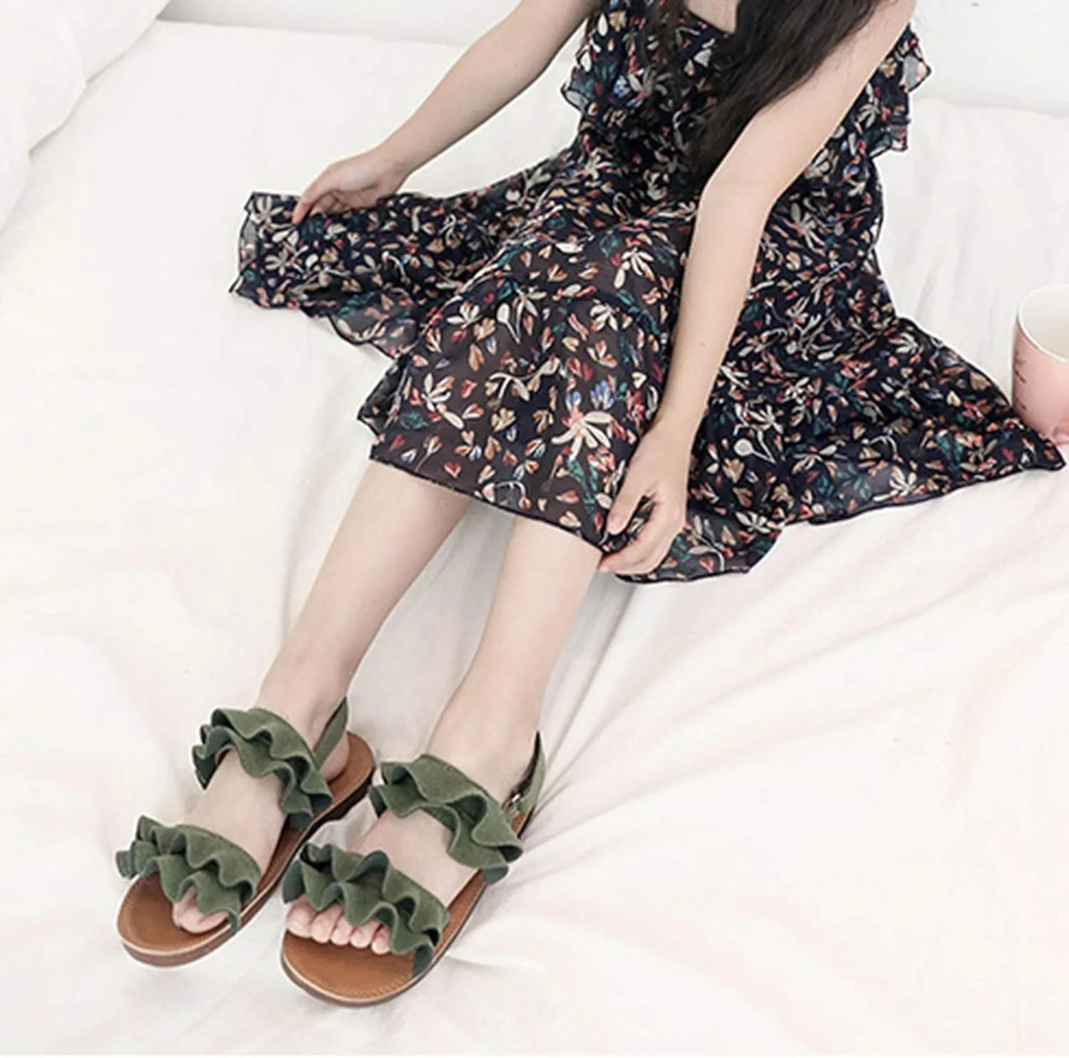 Kids Girls Ruffle Sandals Anti-Slip Open Toe Breathable Outdoor Beach Plat Shoes Slip On Slippers Girls Sandals