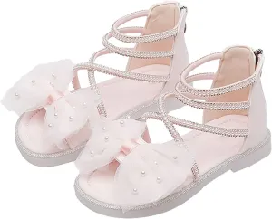 Kids Toddler Girls Pearl Bow Roman Sandals Fashion Glitter Strappy Beach Dress Sandals Girl Princess Flat Shoes