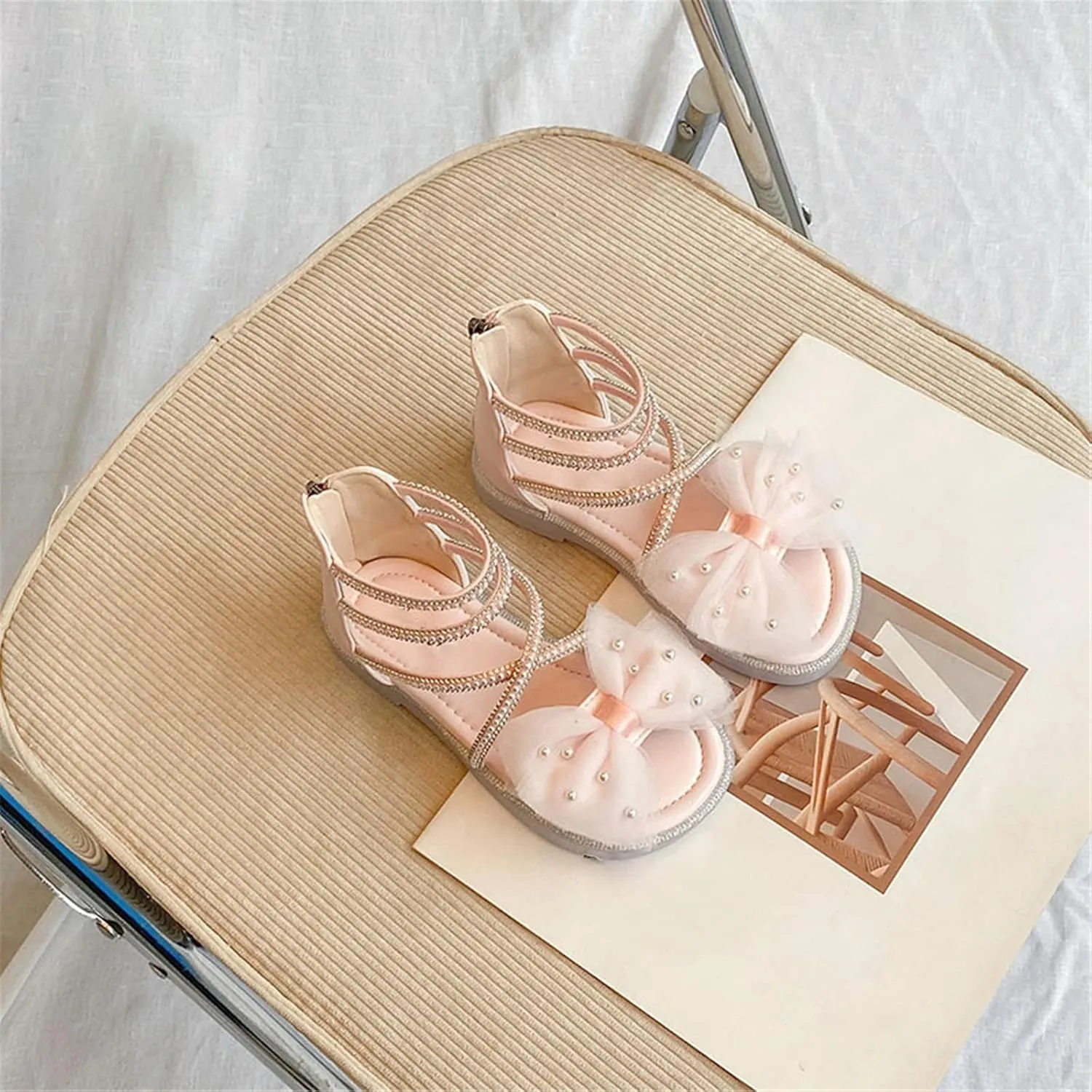 Kids Toddler Girls Pearl Bow Roman Sandals Fashion Glitter Strappy Beach Dress Sandals Girl Princess Flat Shoes