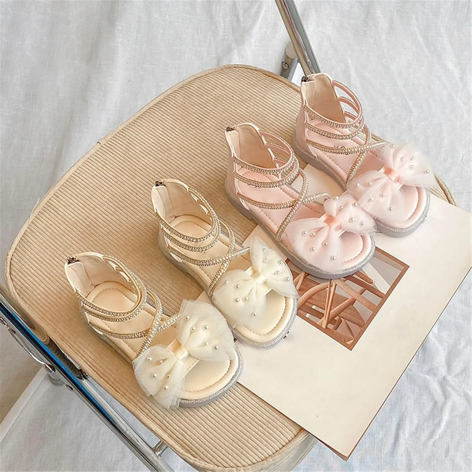 Kids Toddler Girls Pearl Bow Roman Sandals Fashion Glitter Strappy Beach Dress Sandals Girl Princess Flat Shoes