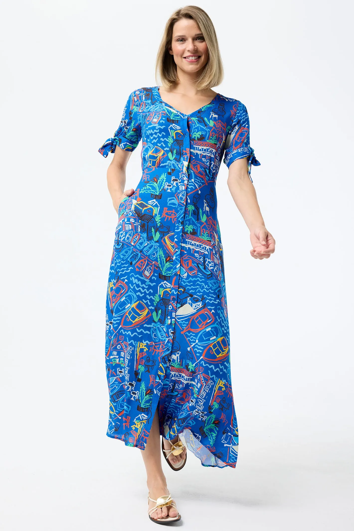Leo & Ugo Shirt Dress Blue Marina Print Knot Sleeves TESR316