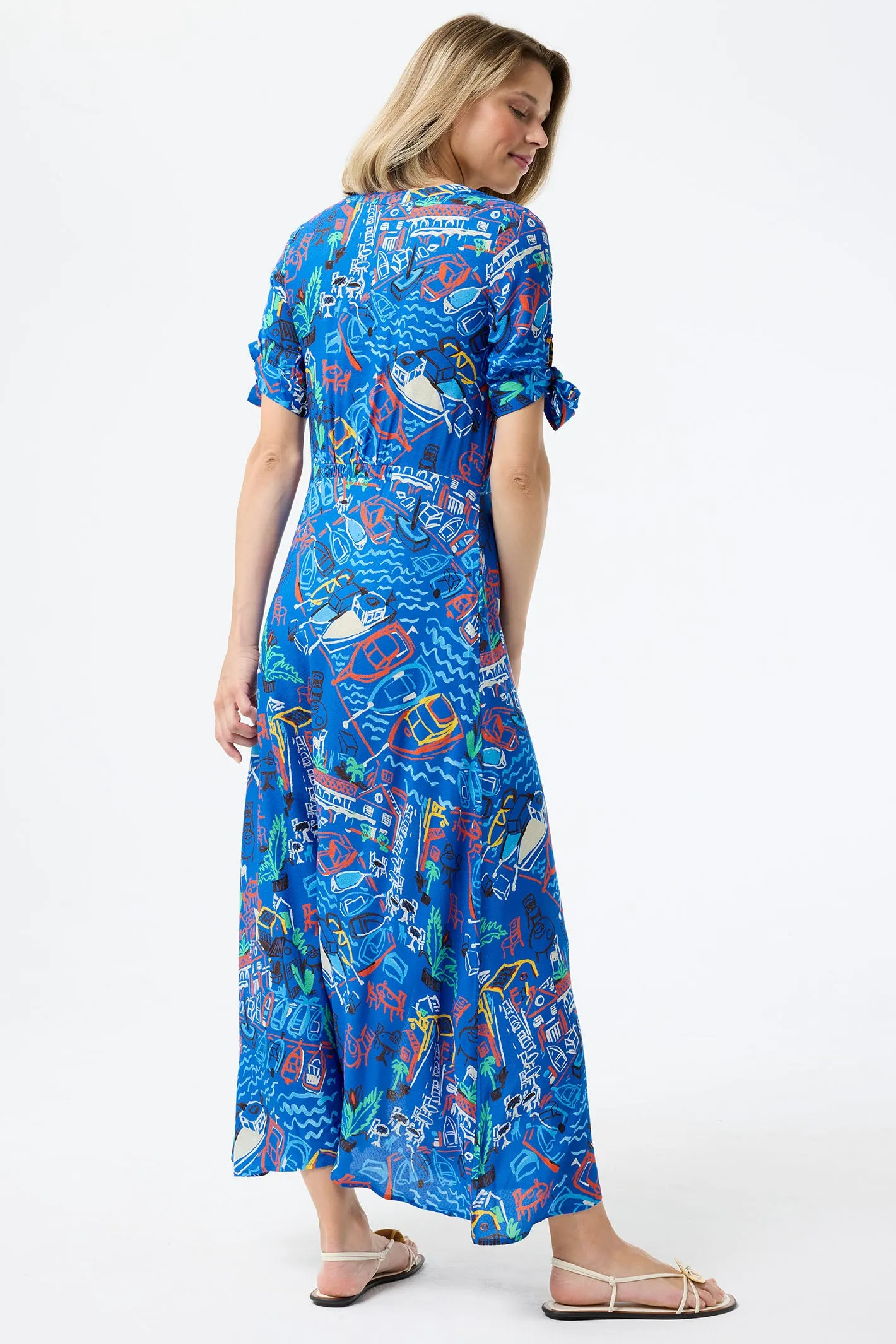 Leo & Ugo Shirt Dress Blue Marina Print Knot Sleeves TESR316