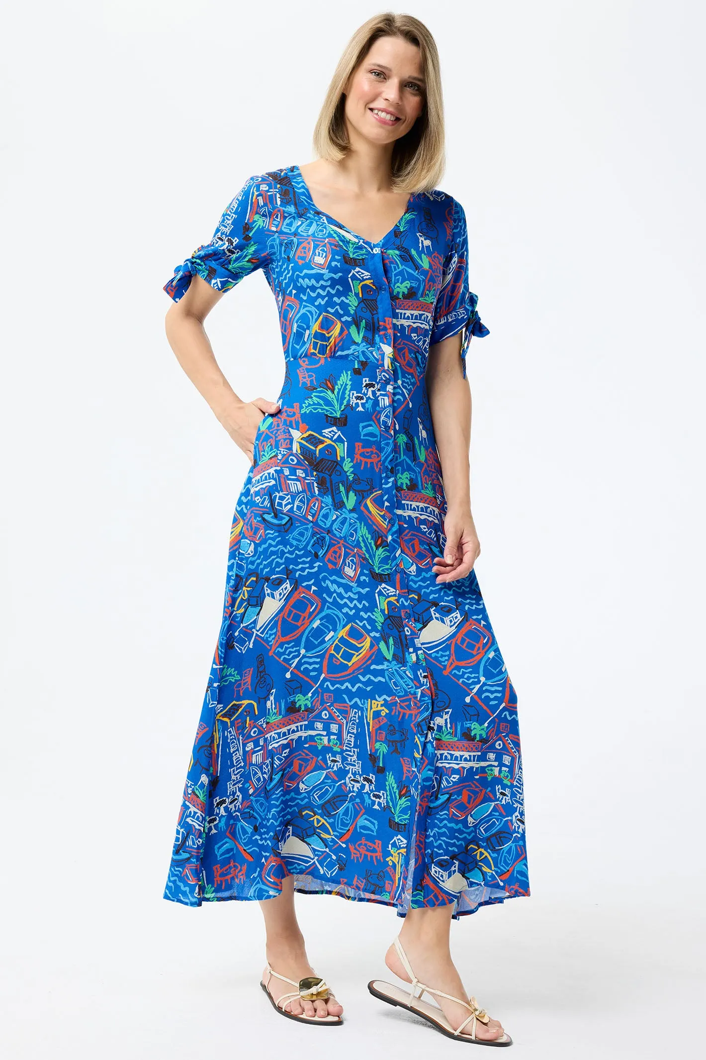 Leo & Ugo Shirt Dress Blue Marina Print Knot Sleeves TESR316