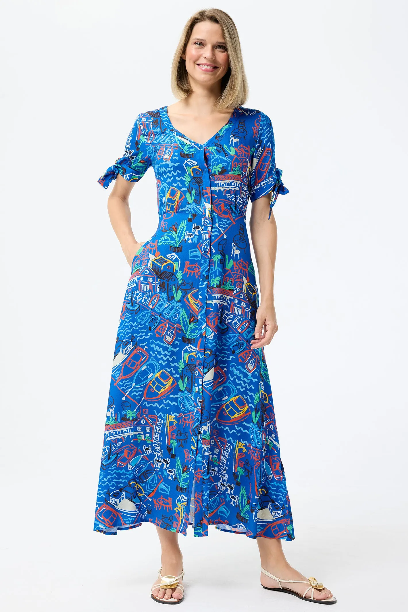 Leo & Ugo Shirt Dress Blue Marina Print Knot Sleeves TESR316