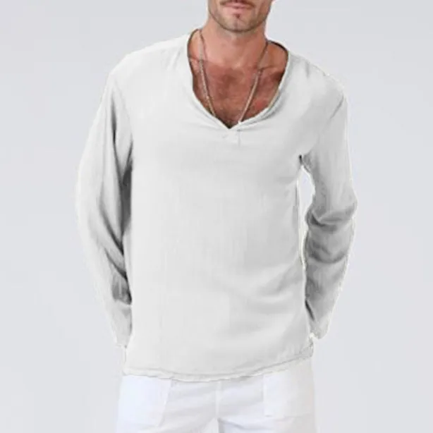Mens T-Shirt  Cotton Linen Blend  Relaxed Fit  V-Neck  Long Sleeve Casual Wear