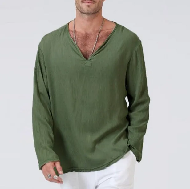 Mens T-Shirt  Cotton Linen Blend  Relaxed Fit  V-Neck  Long Sleeve Casual Wear