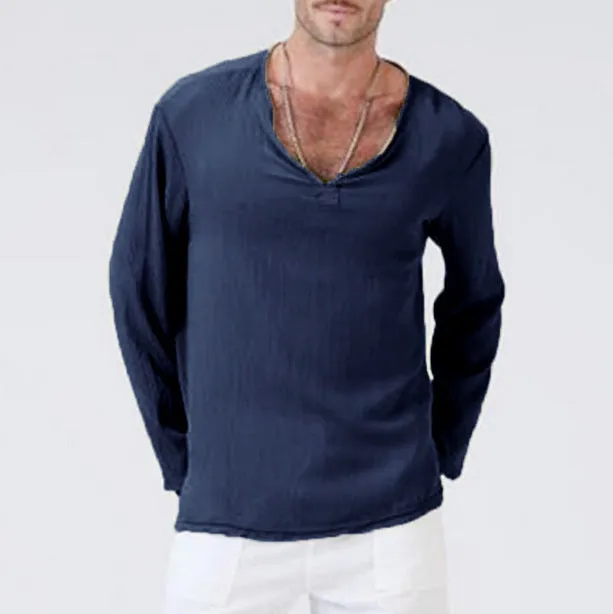 Mens T-Shirt  Cotton Linen Blend  Relaxed Fit  V-Neck  Long Sleeve Casual Wear