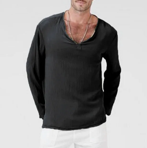 Mens T-Shirt  Cotton Linen Blend  Relaxed Fit  V-Neck  Long Sleeve Casual Wear