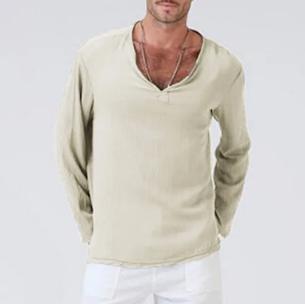 Mens T-Shirt  Cotton Linen Blend  Relaxed Fit  V-Neck  Long Sleeve Casual Wear