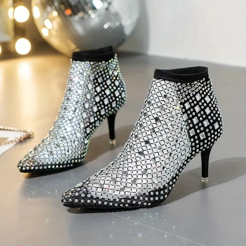 Mesh Rhinestone Glitter Point Toe High Heels