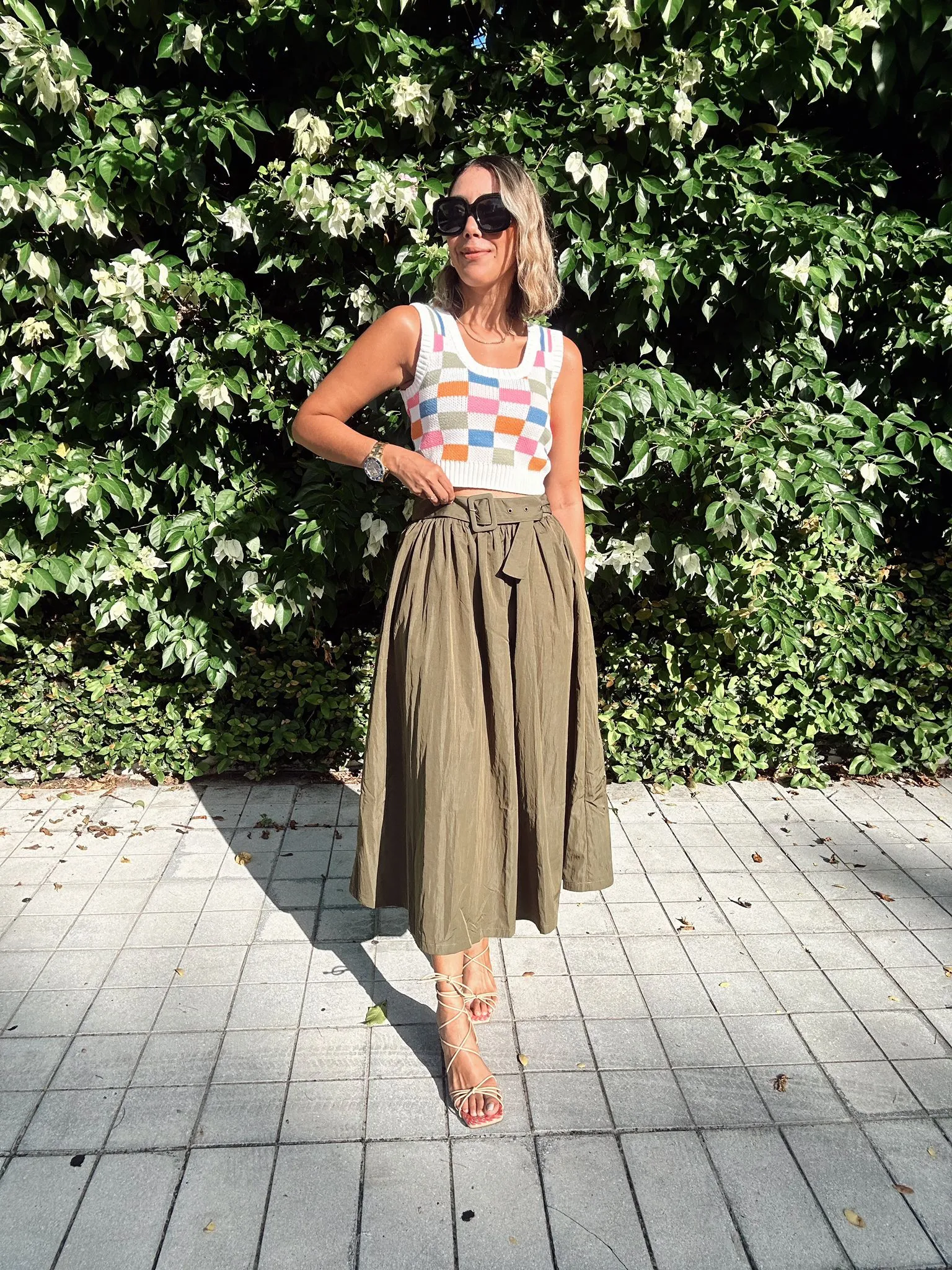 Olive Belted Pleated Maxi Skirt