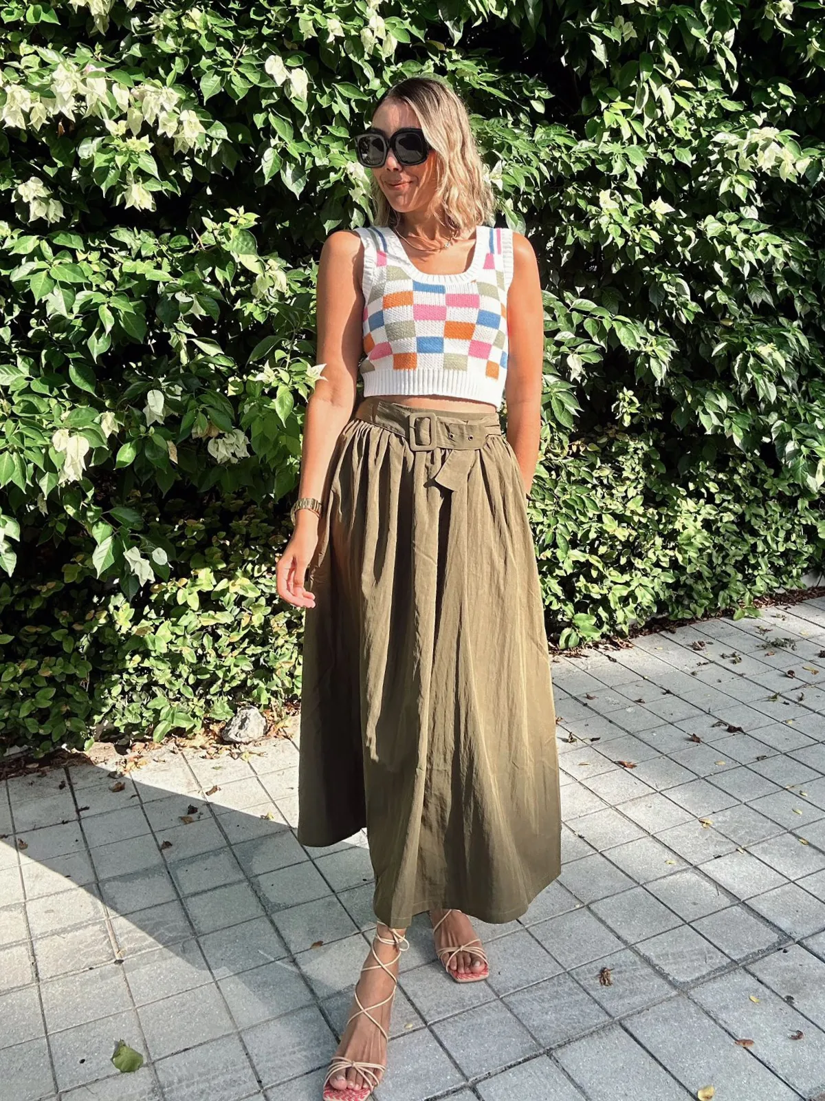 Olive Belted Pleated Maxi Skirt