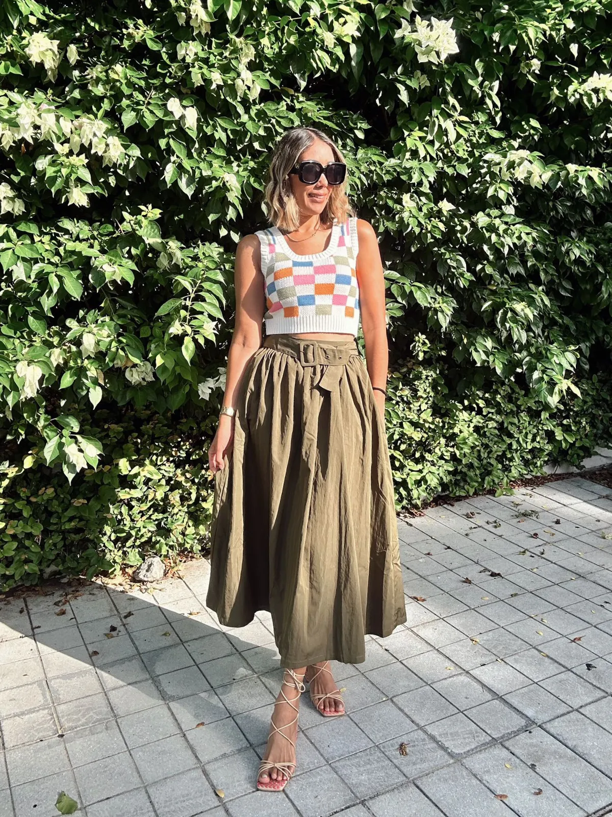 Olive Belted Pleated Maxi Skirt