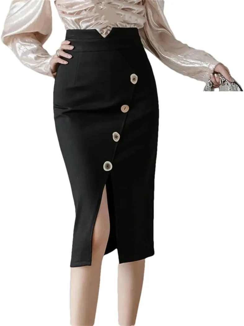 Oversized Button High Waist Skirts Office Ladies Fashion Knee Length Bodycon Wrap Hip Pencil Skirt