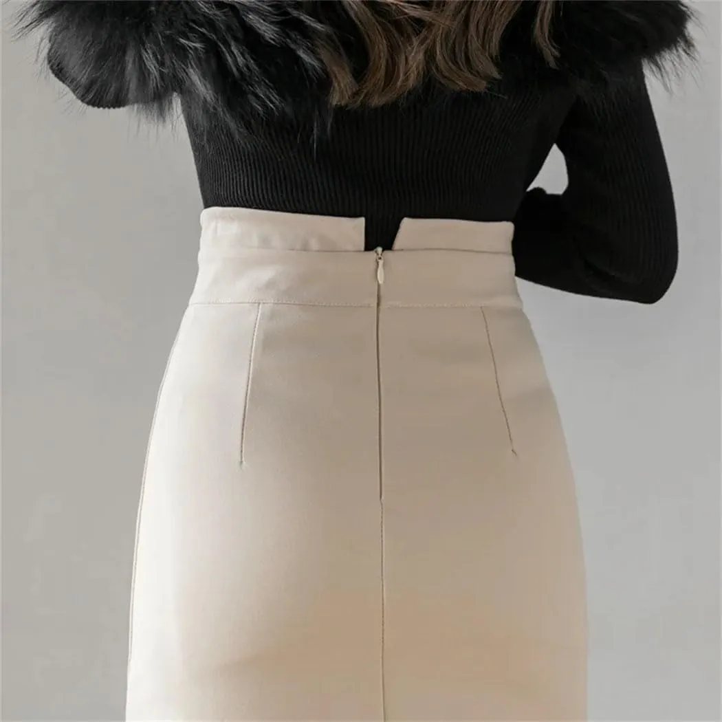 Oversized Button High Waist Skirts Office Ladies Fashion Knee Length Bodycon Wrap Hip Pencil Skirt