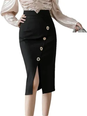 Oversized Button High Waist Skirts Office Ladies Fashion Knee Length Bodycon Wrap Hip Pencil Skirt