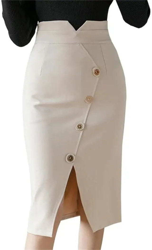 Oversized Button High Waist Skirts Office Ladies Fashion Knee Length Bodycon Wrap Hip Pencil Skirt