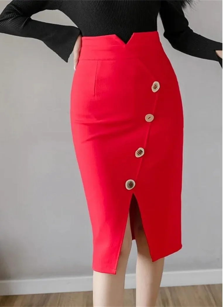 Oversized Button High Waist Skirts Office Ladies Fashion Knee Length Bodycon Wrap Hip Pencil Skirt