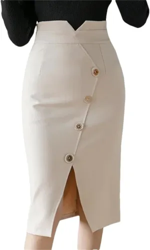 Oversized Button High Waist Skirts Office Ladies Fashion Knee Length Bodycon Wrap Hip Pencil Skirt