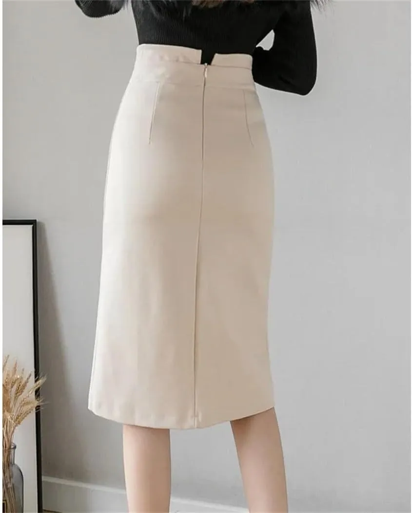 Oversized Button High Waist Skirts Office Ladies Fashion Knee Length Bodycon Wrap Hip Pencil Skirt