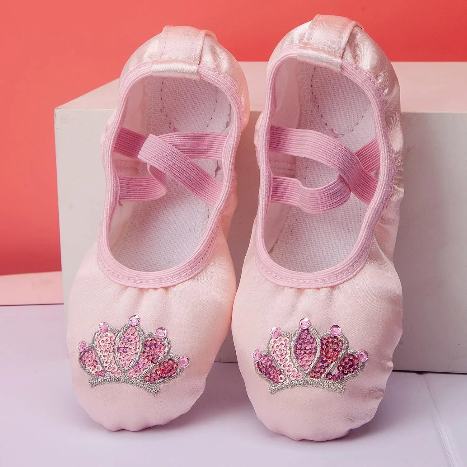 Pink Ballet Shoes Girls Satin Dance Practice Slippers Soft Lightweight with Elastic Laces for Yoga