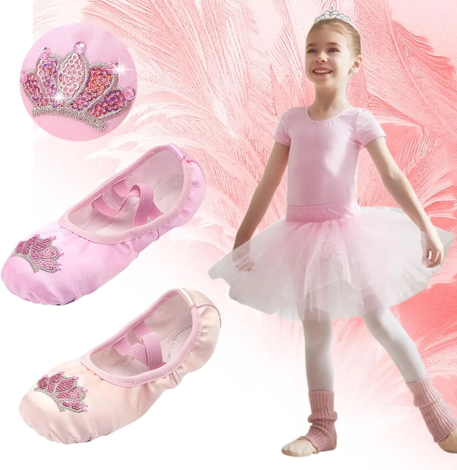 Pink Ballet Shoes Girls Satin Dance Practice Slippers Soft Lightweight with Elastic Laces for Yoga