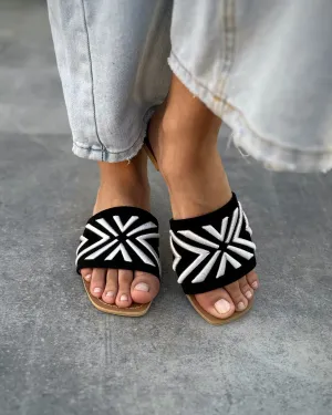 RAYA EMBROIDERED OPEN TOE FLATS- BLACK