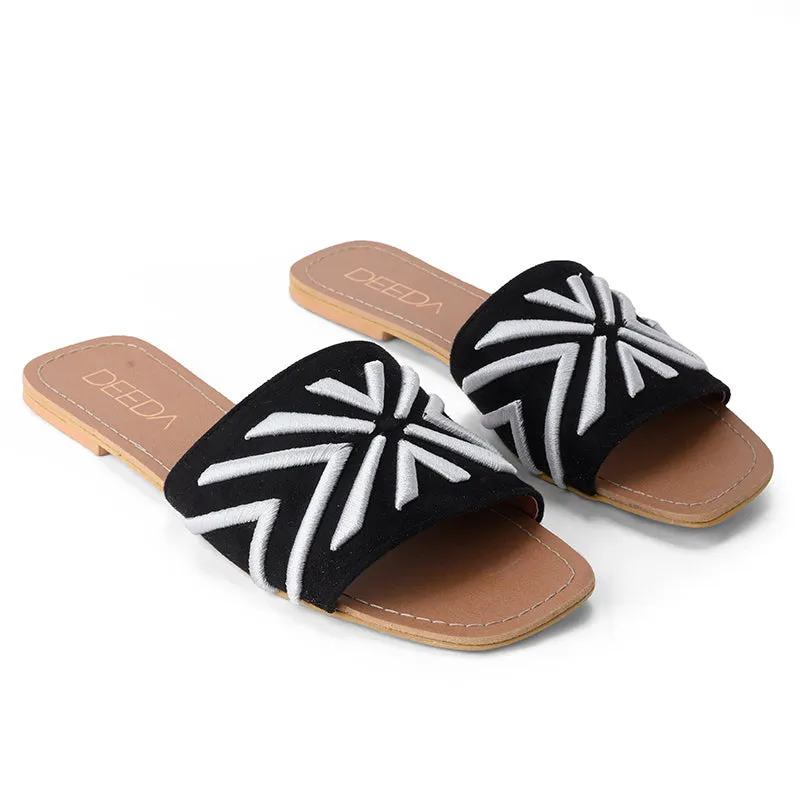 RAYA EMBROIDERED OPEN TOE FLATS- BLACK