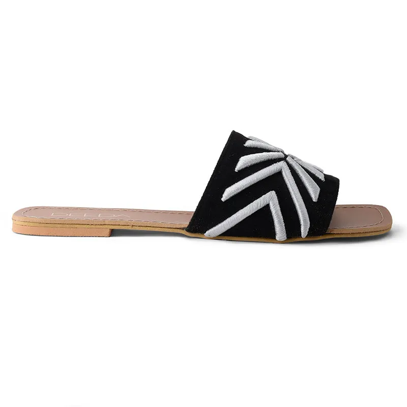 RAYA EMBROIDERED OPEN TOE FLATS- BLACK