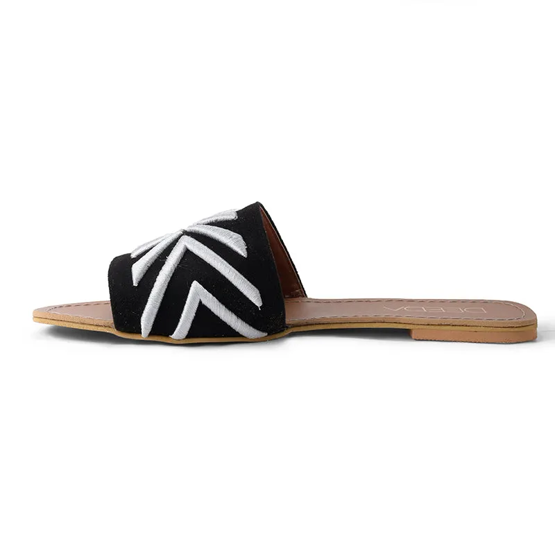 RAYA EMBROIDERED OPEN TOE FLATS- BLACK