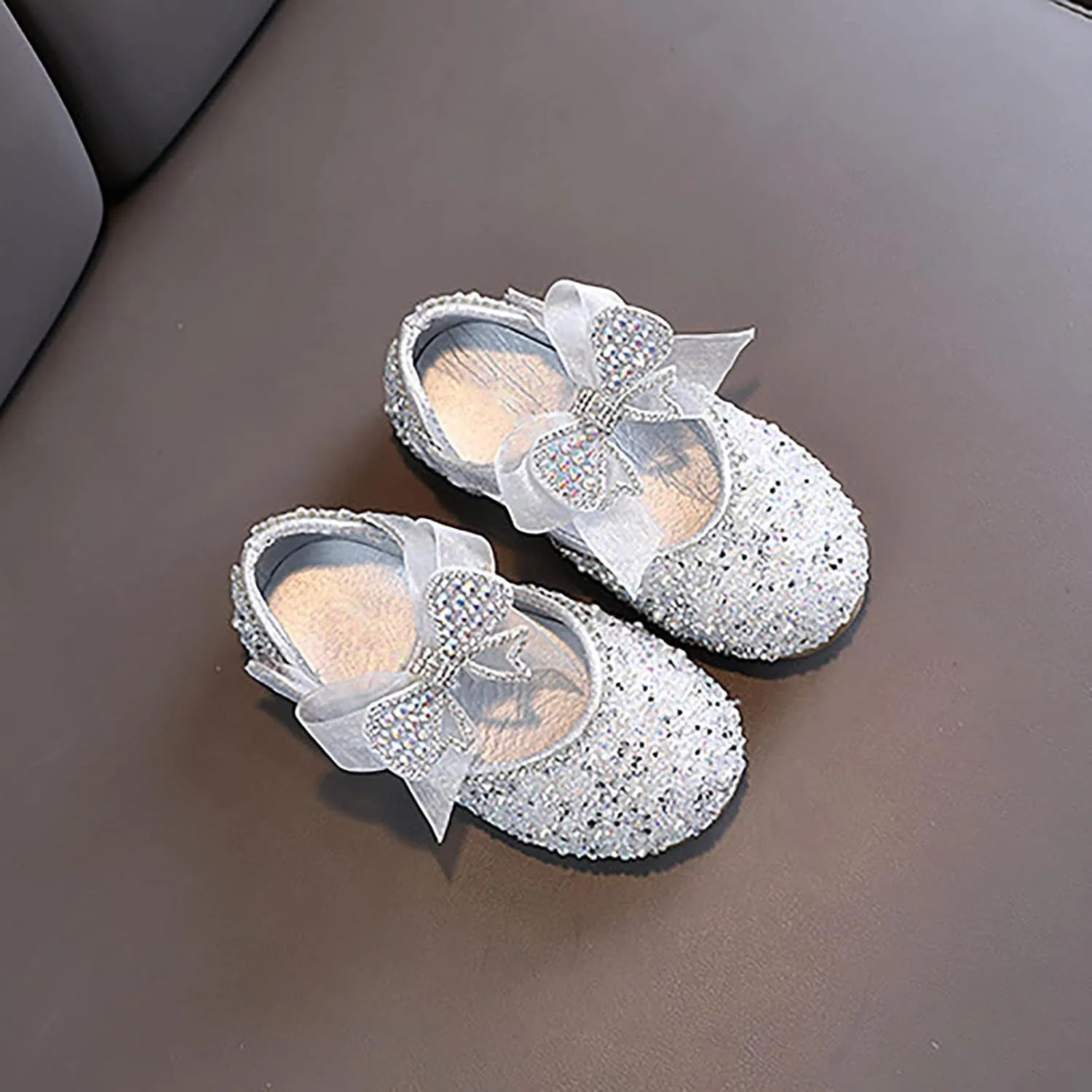 Shining Rhinestones Bow Strap Mary Jane Dress Shoes for Girls, Toddler Kids Sparkly Flip Flops for School Birthday