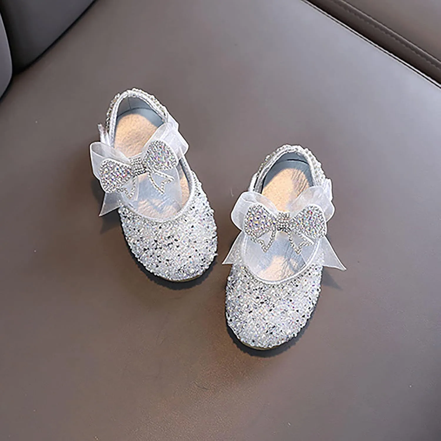 Shining Rhinestones Bow Strap Mary Jane Dress Shoes for Girls, Toddler Kids Sparkly Flip Flops for School Birthday