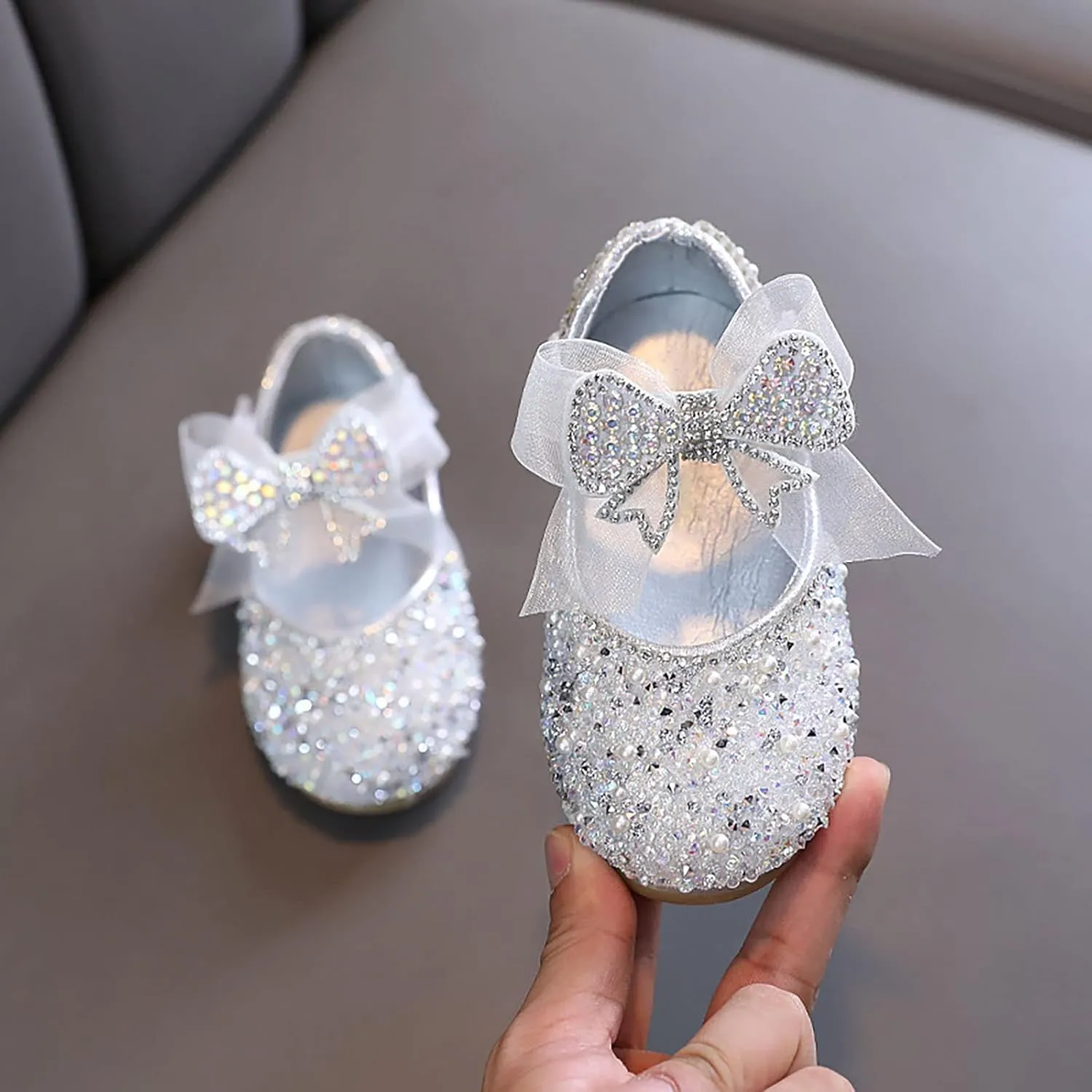 Shining Rhinestones Bow Strap Mary Jane Dress Shoes for Girls, Toddler Kids Sparkly Flip Flops for School Birthday