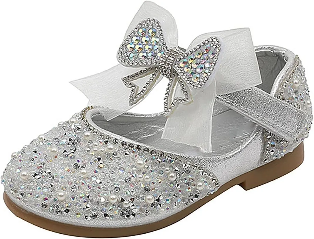 Shining Rhinestones Bow Strap Mary Jane Dress Shoes for Girls, Toddler Kids Sparkly Flip Flops for School Birthday