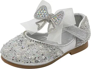 Shining Rhinestones Bow Strap Mary Jane Dress Shoes for Girls, Toddler Kids Sparkly Flip Flops for School Birthday
