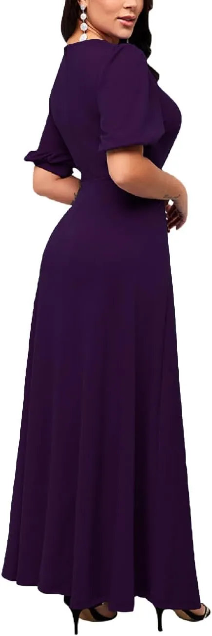 SperLucky Maxi Dresses for Women Elegant Long Dress Short Sleeve Dress Casual Round Neck Floral Print Loose Party Dress