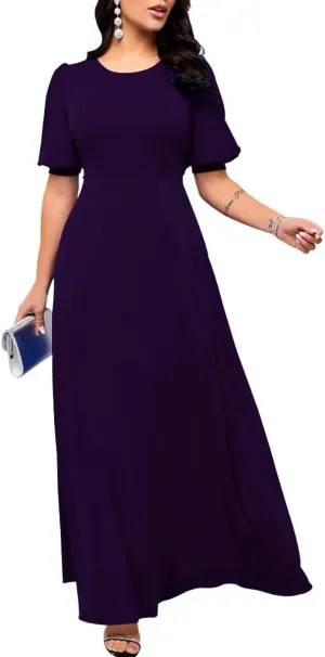 SperLucky Maxi Dresses for Women Elegant Long Dress Short Sleeve Dress Casual Round Neck Floral Print Loose Party Dress