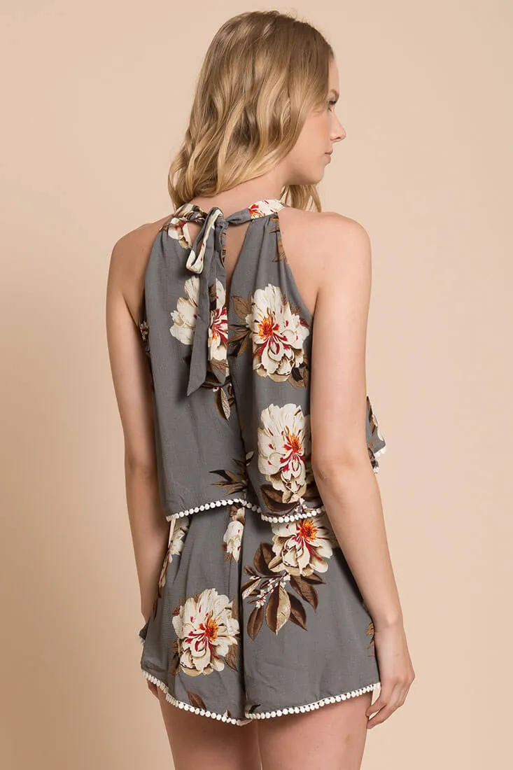 Talia Fancy Floral Romper Grey