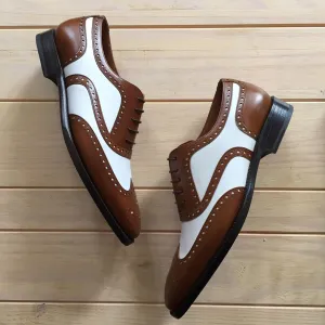 Tan and White Leather Lamego Brogue Oxfords - Formal Shoes - Summer 2024 Collection