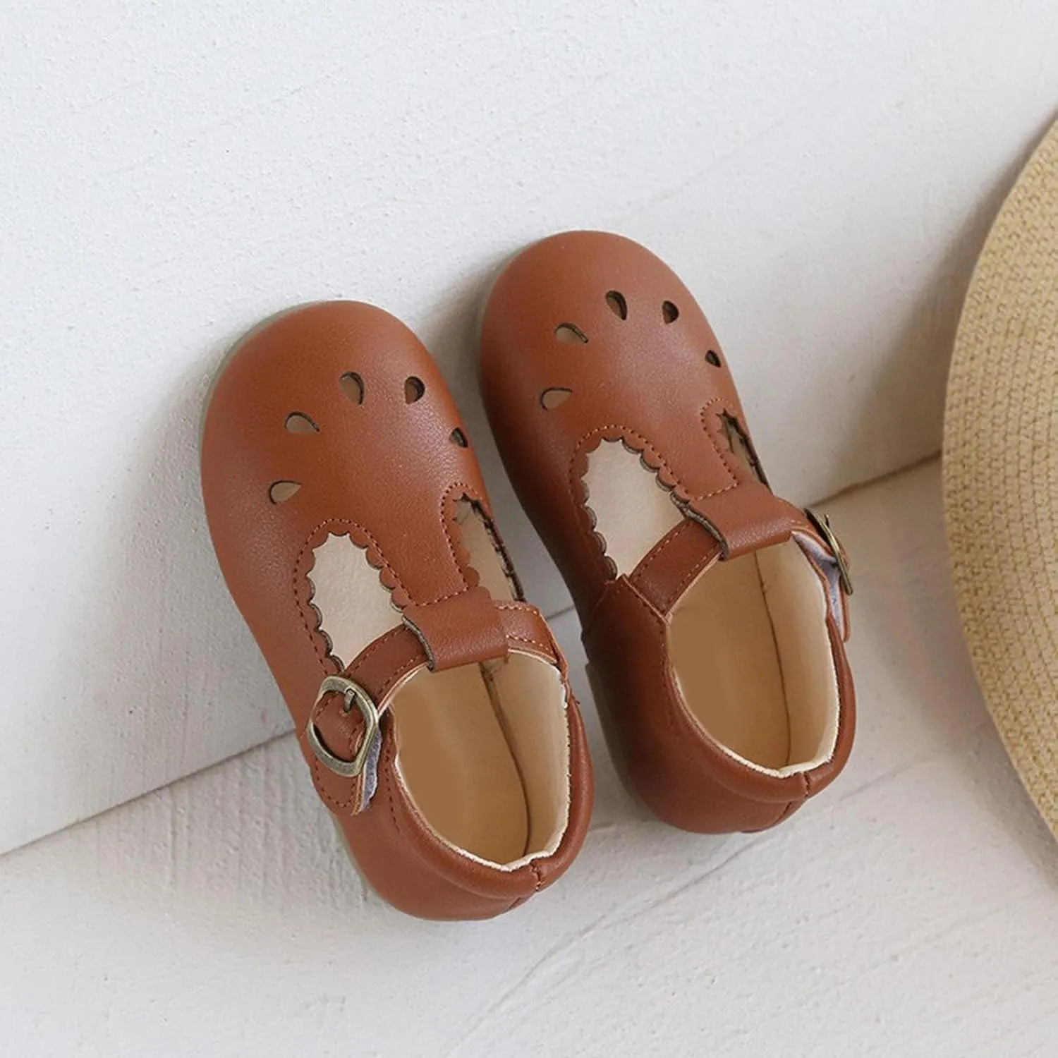 Toddler Girl T Strap Mary Jane Dress Shoes, Kids Closed Toe Hollow Buckle Slip On Platform Flip Flops with Strap
