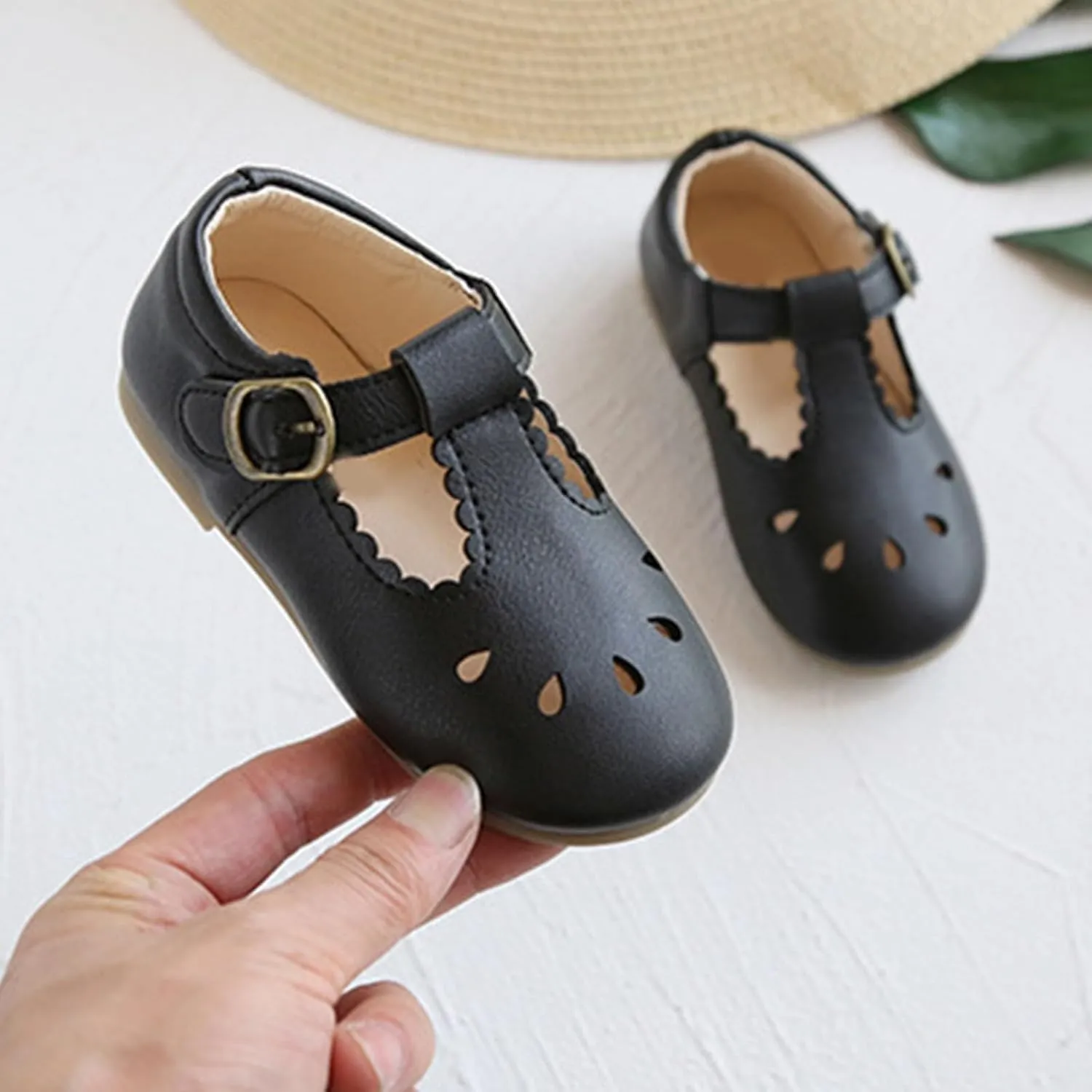 Toddler Girl T Strap Mary Jane Dress Shoes, Kids Closed Toe Hollow Buckle Slip On Platform Flip Flops with Strap