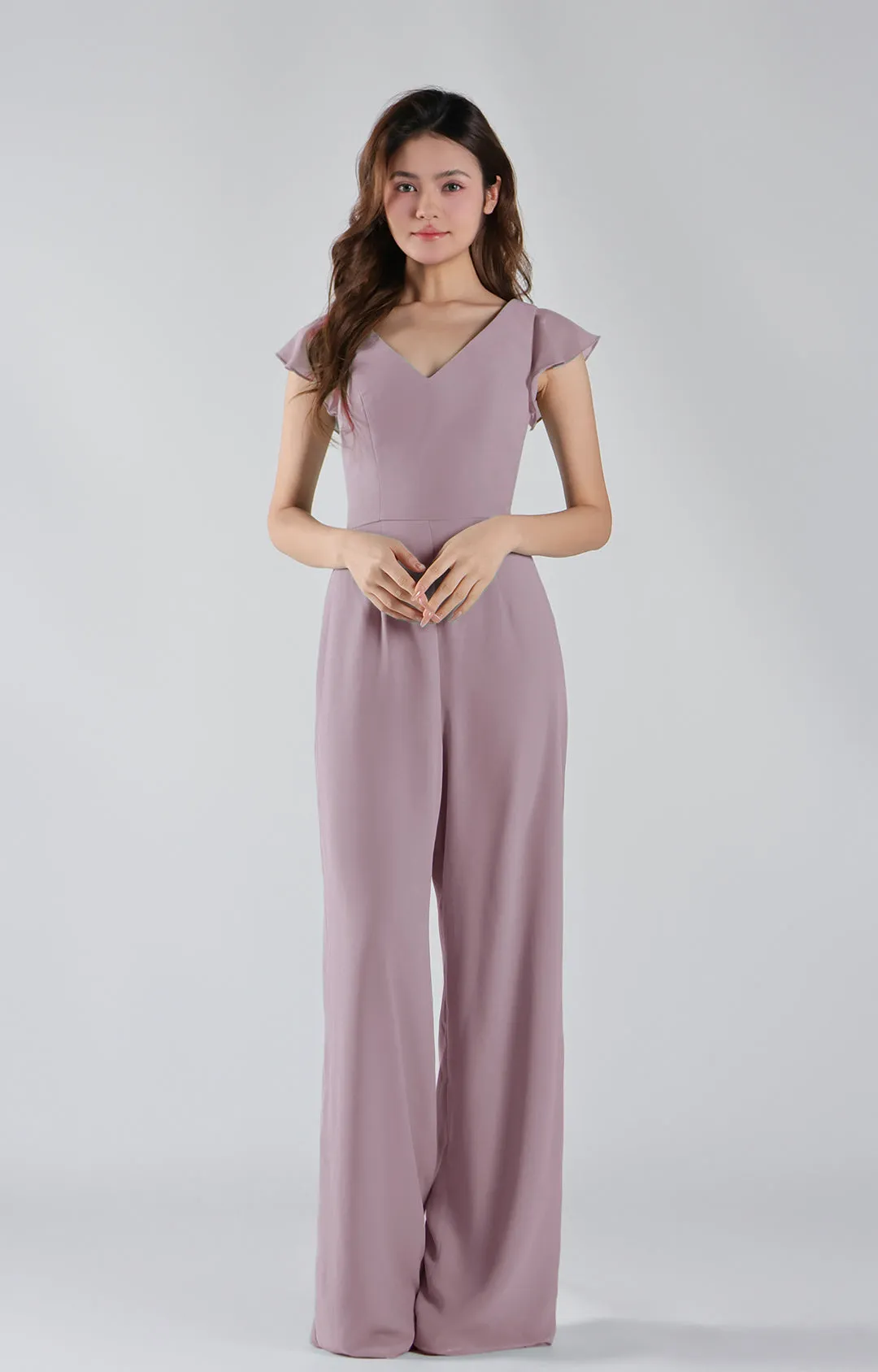 V-Neck Flutter Sleeves Wide-Leg Chiffon Jumpsuit
