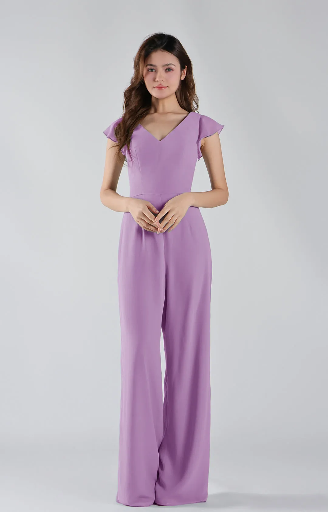 V-Neck Flutter Sleeves Wide-Leg Chiffon Jumpsuit