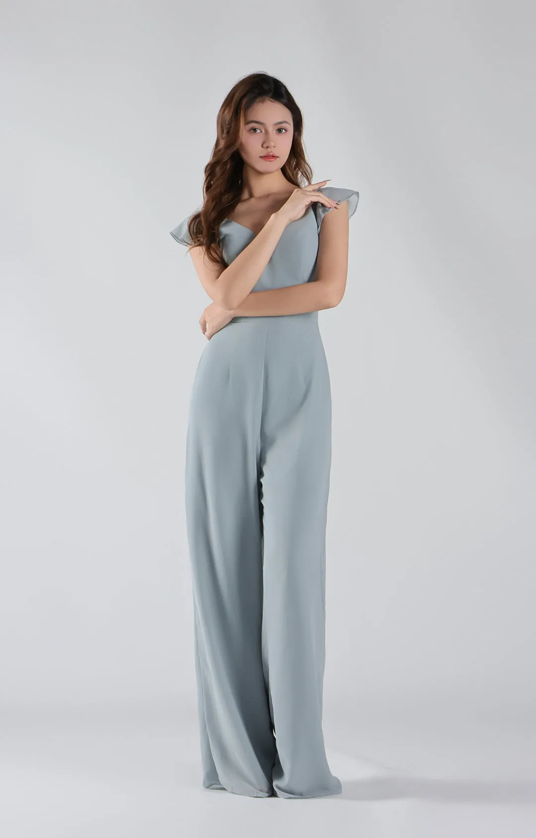 V-Neck Flutter Sleeves Wide-Leg Chiffon Jumpsuit